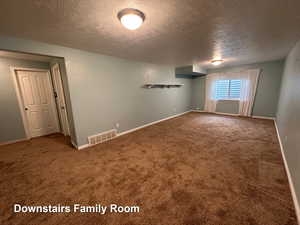 Carpeted spare room featuring a textured ceiling