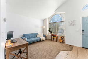 Carpeted living room featuring high vaulted ceiling