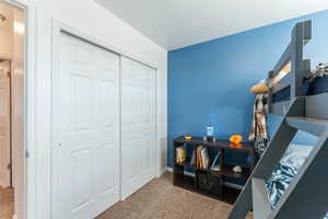 Bedroom featuring carpet flooring and a closet