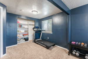 Workout room with carpet and a textured ceiling