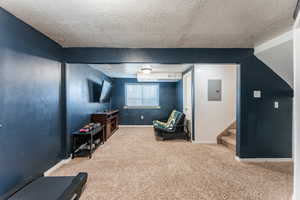 Living area featuring a textured ceiling, electric panel, and carpet