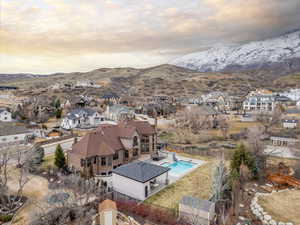 Aerial view at dusk with a mountain view