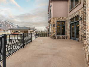 View of patio featuring a mountain view