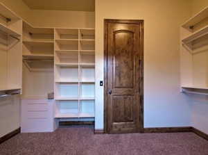 Walk in closet featuring dark colored carpet