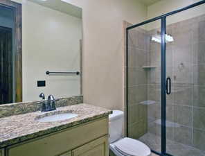 Bathroom with toilet, vanity, and a shower with door