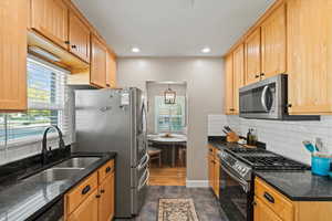 Kitchen with decorative backsplash, dark hardwood / wood-style flooring, dark stone counters, sink, and stainless steel appliances