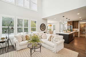 Living room with sink, wood-type flooring, and a towering ceiling