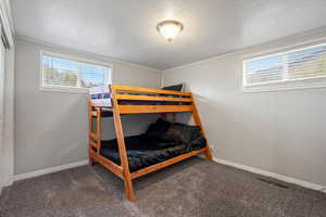 Bedroom with dark carpet, a textured ceiling, and multiple windows