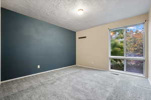 Spare room with a textured ceiling and carpet floors