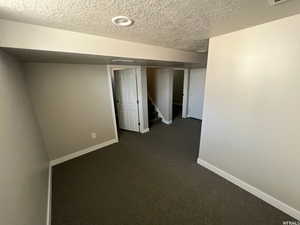 Basement featuring a textured ceiling and dark colored carpet