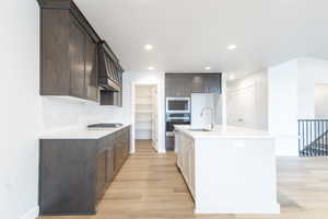 Kitchen with light hardwood / wood-style flooring, stainless steel appliances, backsplash, a center island with sink, and sink