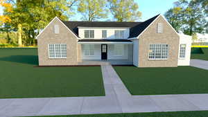 Stone, Brick, cream windows and stucco, dark brown roof