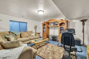 Carpeted family room with a textured ceiling