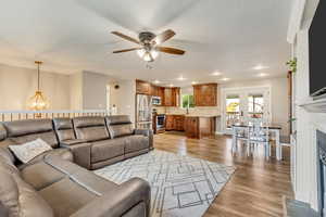 Living room with sink, ceiling fan with notable chandelier, and light wood-type flooring