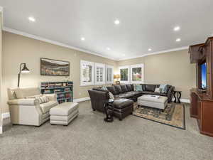 Living room with crown molding and light colored carpet