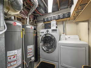 Laundry area featuring independent washer and dryer and gas water heater