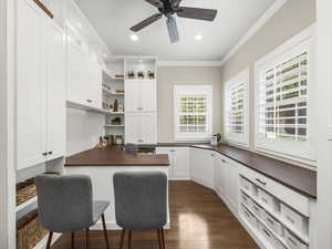 Home Office featuring built in desk, ceiling fan, dark hardwood / wood-style flooring, white cabinetry, and crown molding