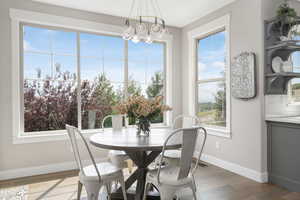 Dining space featuring a healthy amount of sunlight, hardwood / wood-style flooring, and a chandelier