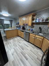 Kitchen with light hardwood / wood-style floors, dishwasher, sink, and backsplash