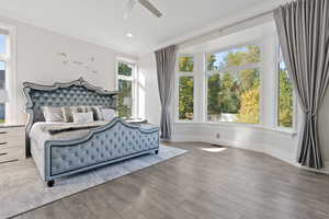 mainfloor primary suite featuring ceiling fan, crown molding, wood-type flooring, and multiple windows