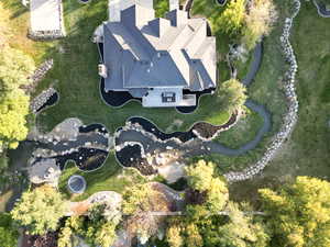 Bird's eye view of the backyard stream and landscape