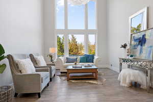 Living room with a high ceiling, wood-type flooring, and a healthy amount of sunlight