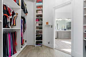 primary suite walk in closet with light wood-type flooring