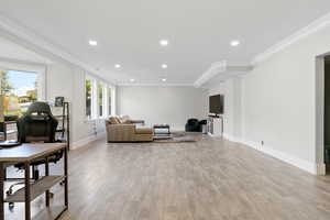 basement living room with light hardwood / wood-style floors and ornamental molding