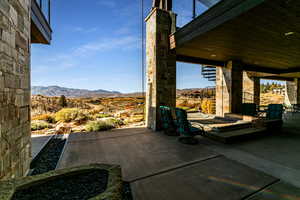 View of patio with a mountain view