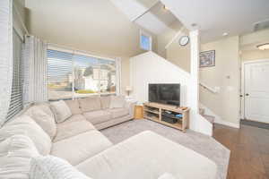 Living room featuring lofted ceiling and laminate flooring