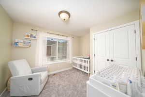 Carpeted bedroom featuring a closet