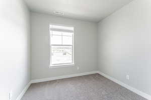 Carpeted spare room featuring a wealth of natural light, visible vents, and baseboards