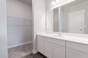 Bathroom with baseboards, wood finished floors, a spacious closet, and vanity
