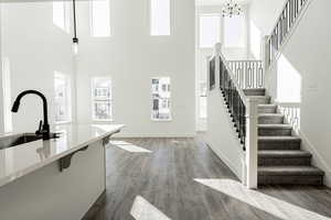 Entryway with sink, a towering ceiling, an inviting chandelier, and dark hardwood / wood-style flooring