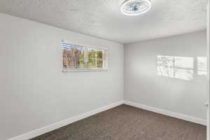 Spare room with a textured ceiling and carpet floors