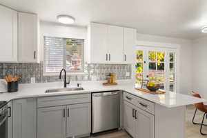 Kitchen with decorative backsplash, kitchen peninsula, dishwasher, and sink