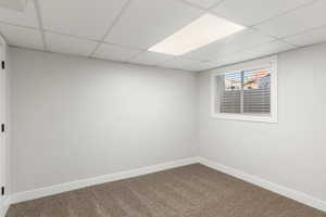 Empty room featuring a drop ceiling and carpet flooring