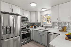 Kitchen with white cabinetry, appliances with stainless steel finishes, sink, and decorative backsplash