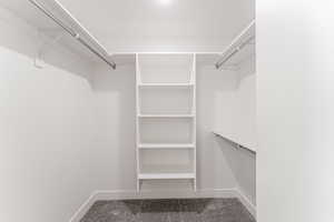 Walk in closet with carpet flooring