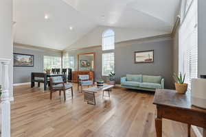 Living room featuring light hardwood / wood-style flooring and high vaulted ceiling