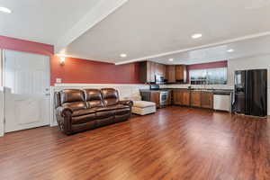 Living room featuring sink and dark hardwood / wood-style flooring