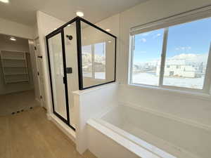 Bathroom featuring hardwood / wood-style flooring and shower with separate bathtub