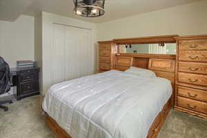 Carpeted bedroom featuring a closet