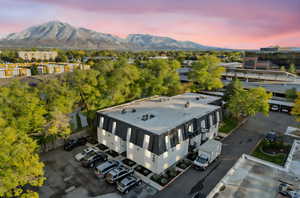 Aerial view at dusk with a mountain view