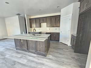 Kitchen with light hardwood / wood-style floors, a kitchen island with sink, dark brown cabinets, and backsplash