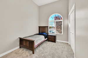 Carpeted bedroom with a closet