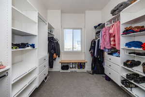 Walk in closet with dark colored carpet