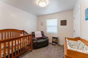 Bedroom featuring carpet and a nursery area