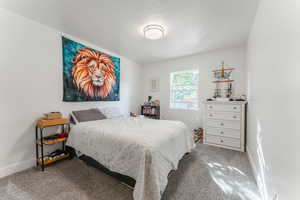 Carpeted bedroom with a textured ceiling