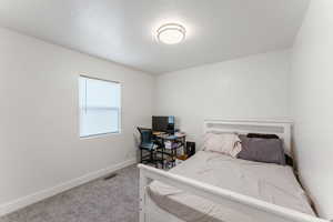 Carpeted bedroom with a textured ceiling